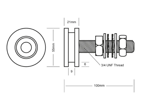 WHEEL AND AXLE ASSEMBLY - 55MM - DELRIN ROLLER