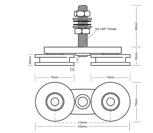 DOUBLE BOGIE 75MM WHEEL AND AXLE ASSEMBLY