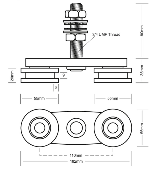 DOUBLE BOGIE 55mm WHEEL AND AXLE ASSEMBLY