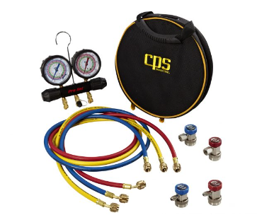 CPS PRO-SET®  2-VALVE WORKINGMANS SERIES - DUAL R134a/R1234YF MNFLD SET W- 5' HOSES, COUPLERS & CARRY CASE