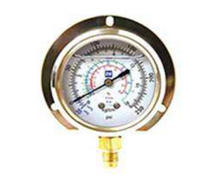 BLUE COMPOUND GAUGE, 63MM,  OIL FILLLED . 1/4" SAE BOTTOM CONNECTION. REFRIGERANTS R22, R134A, R404A. -30 TO 500PSI