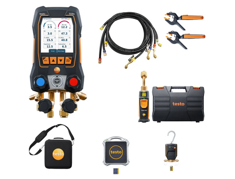 TESTO 558s HEAT PUMP KIT - INCLUDES 2 X 115i CLAMP PROBES & 1 X 552i VAC PROBE IN CASE, WITH 1 X DIGITAL REFRIGERANT SCALE SET INCLUDES BLUETOOTH REFRIGERANT VALVE WITH SHOULDER BAG