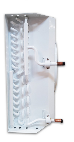 GLACIER PRO CONDENSER W/FAN GC251-B-2. 2KW @ 10KTDR404A (3KW @ 15KTD) 420 X 200 X 316H. 1 X 250MM FAN POWDER COATED GALVINISED STEEL WITH BLUE FINS AND SEMI FLOATING COIL. (DEPTH INCLUDES FAN)