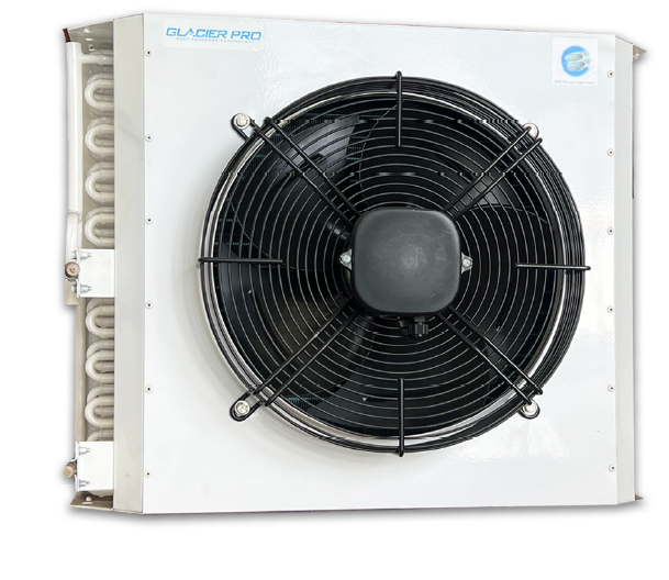 GLACIER PRO CONDENSER W/FAN GC251-B-2. 2KW @ 10KTDR404A (3KW @ 15KTD) 420 X 200 X 316H. 1 X 250MM FAN POWDER COATED GALVINISED STEEL WITH BLUE FINS AND SEMI FLOATING COIL. (DEPTH INCLUDES FAN)