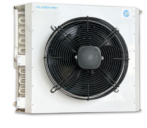 GLACIER PRO CONDENSER W/FAN GC251-B-2. 2KW @ 10KTDR404A (3KW @ 15KTD) 420 X 200 X 316H. 1 X 250MM FAN POWDER COATED GALVINISED STEEL WITH BLUE FINS AND SEMI FLOATING COIL. (DEPTH INCLUDES FAN)